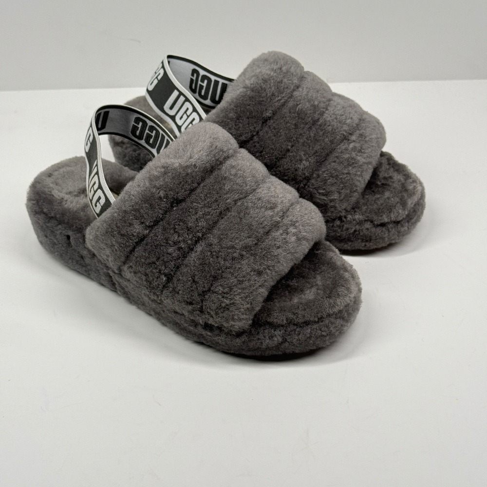 UGG Fluff Yea Slide Slippers Gray Sheepskin Open Toe Indoor Comfort Size 6